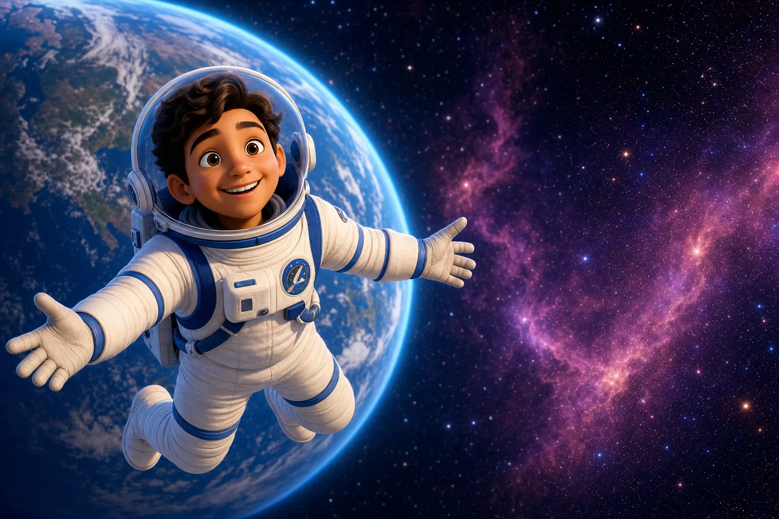 Illustrated young astronaut floating high above Earth beside a glowing nebula
