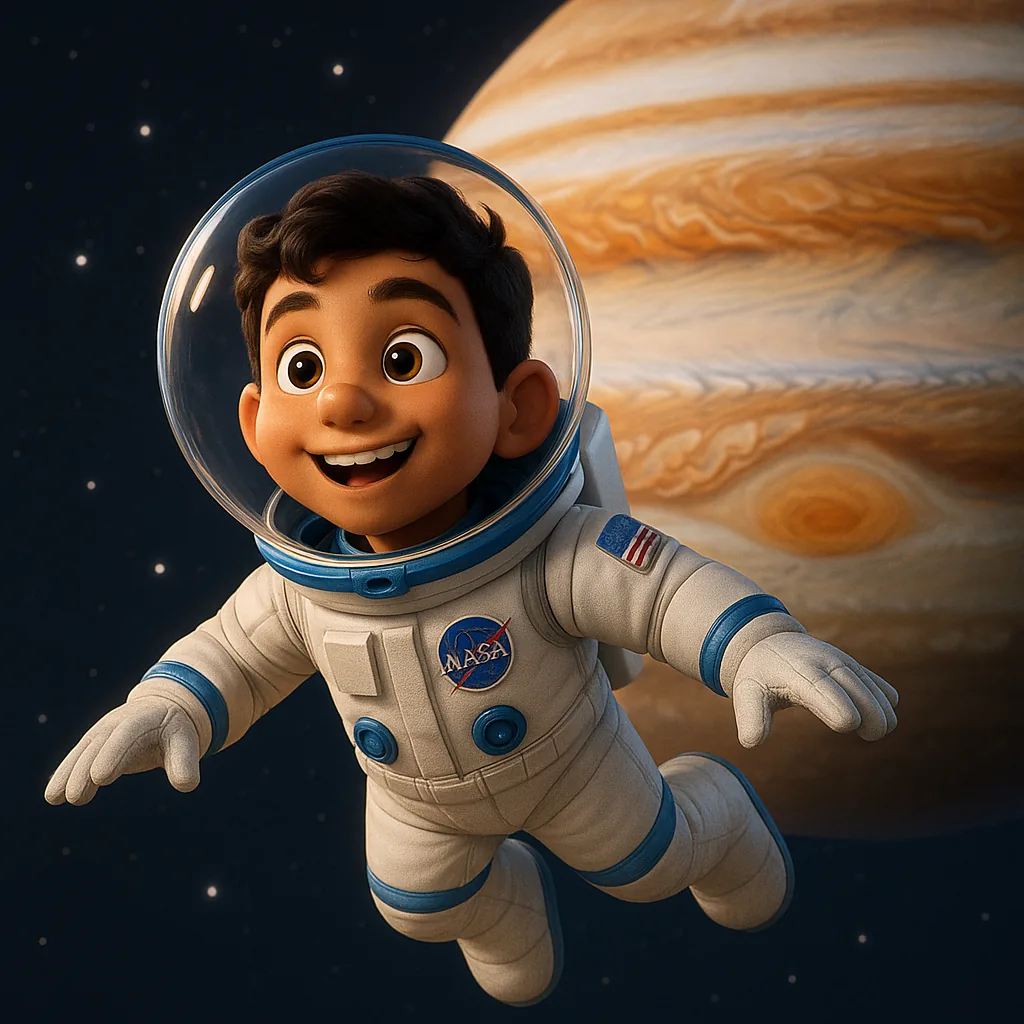 Illustrated astronaut sailing past mighty Jupiter