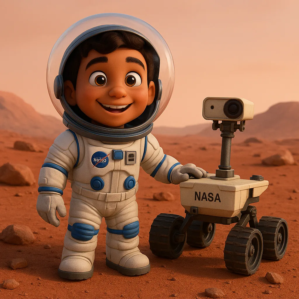 Illustrated astronaut exploring Mars with a rover