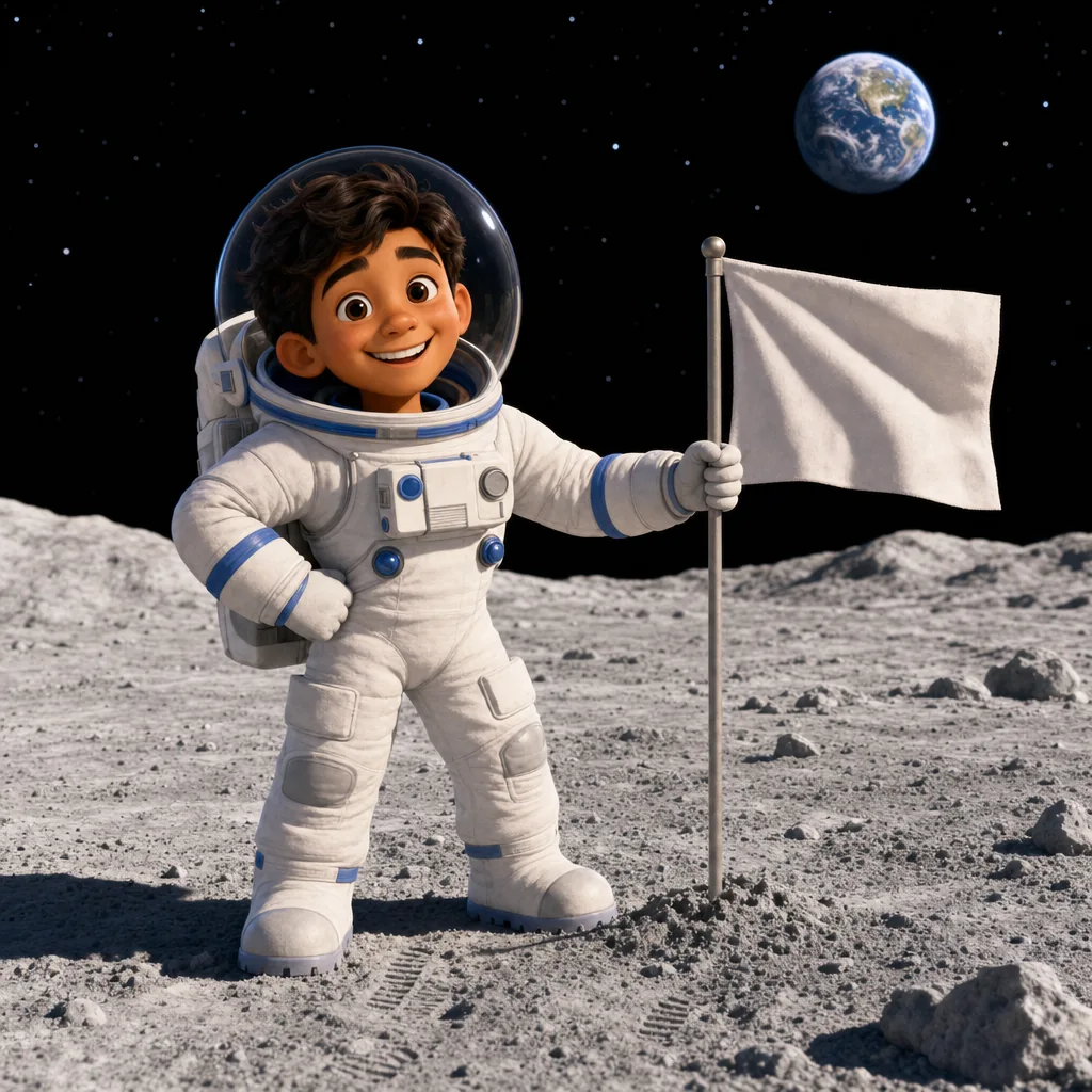 Illustrated astronaut planting a flag on the Moon with Earth rising
