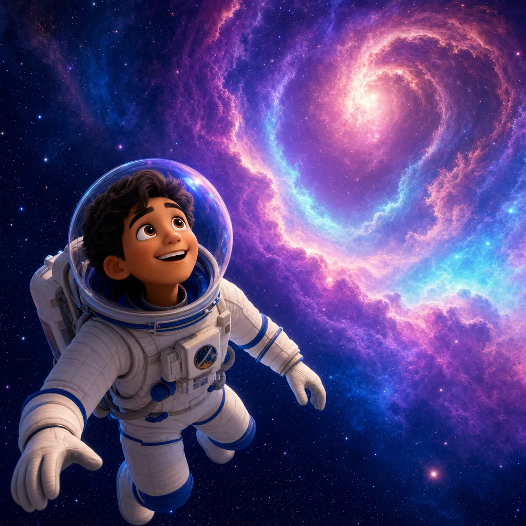 Illustrated astronaut drifting through a glowing nebula