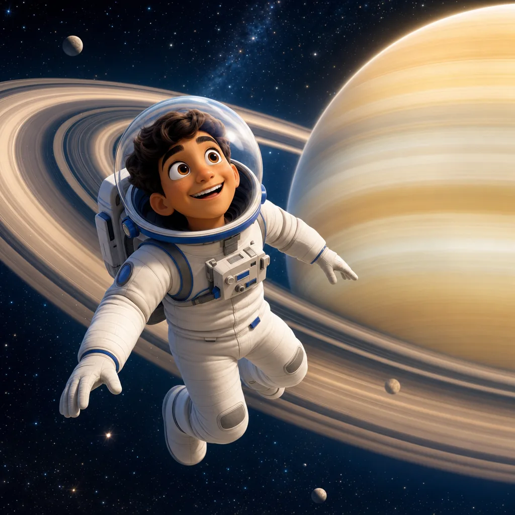 Illustrated astronaut sailing past Saturn's rings