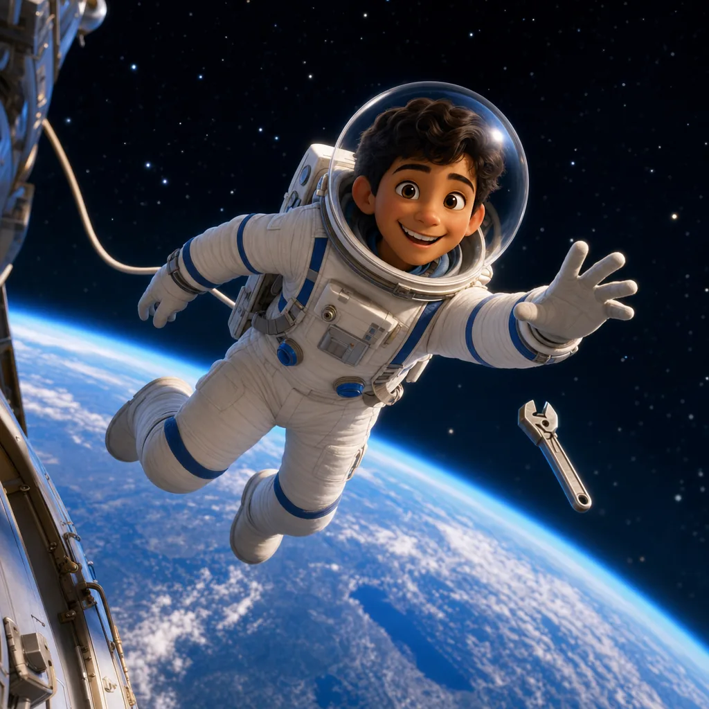 Illustrated young astronaut out on a spacewalk
