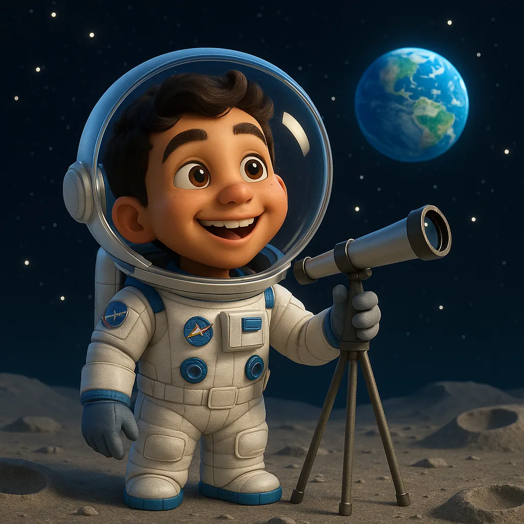 Illustrated astronaut stargazing through a telescope on the Moon